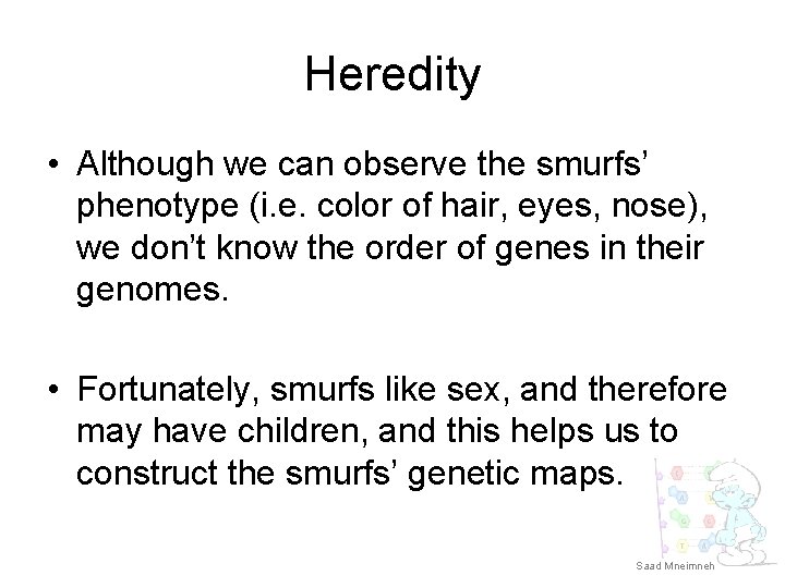 Heredity • Although we can observe the smurfs’ phenotype (i. e. color of hair,