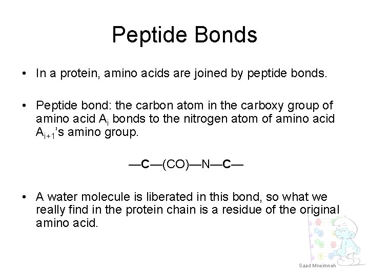 Peptide Bonds • In a protein, amino acids are joined by peptide bonds. •