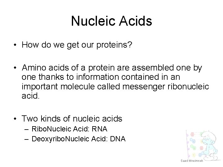 Nucleic Acids • How do we get our proteins? • Amino acids of a