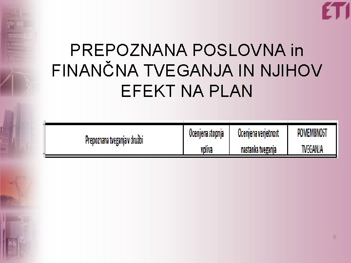 PREPOZNANA POSLOVNA in FINANČNA TVEGANJA IN NJIHOV EFEKT NA PLAN 6 