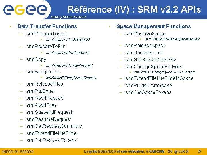 Référence (IV) : SRM v 2. 2 APIs Enabling Grids for E-scienc. E •