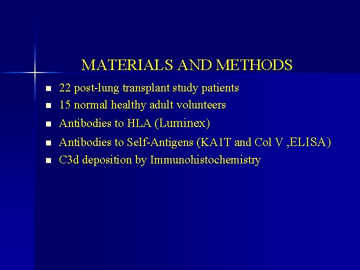 MATERIALS AND METHODS n 22 post-lung transplant study patients 15 normal healthy adult volunteers