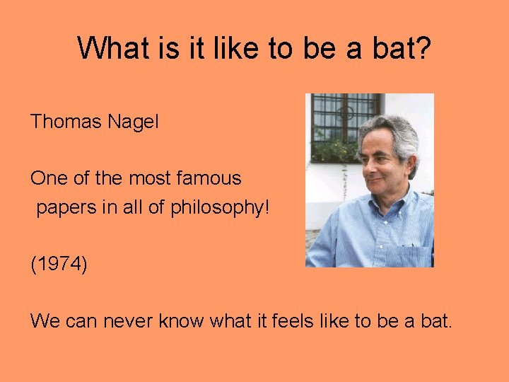 What is it like to be a bat? Thomas Nagel One of the most