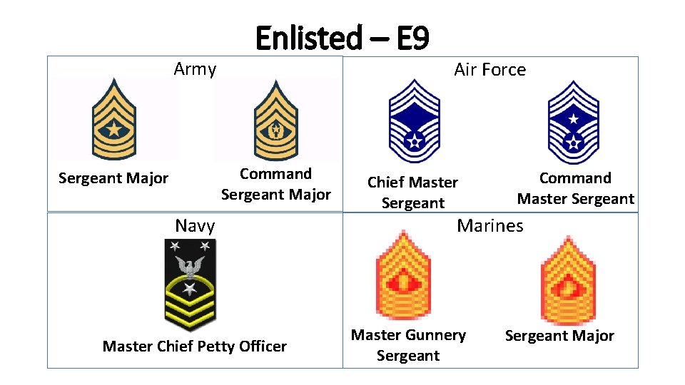 Army Enlisted – E 9 Command Sergeant Major Navy Master Chief Petty Officer Air