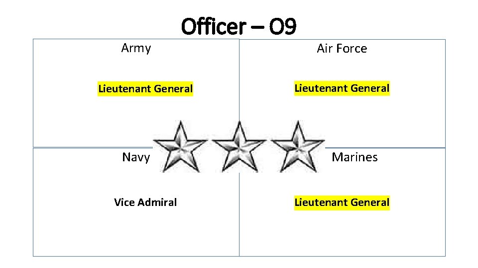 Army Officer – O 9 Lieutenant General Navy Vice Admiral Air Force Lieutenant General