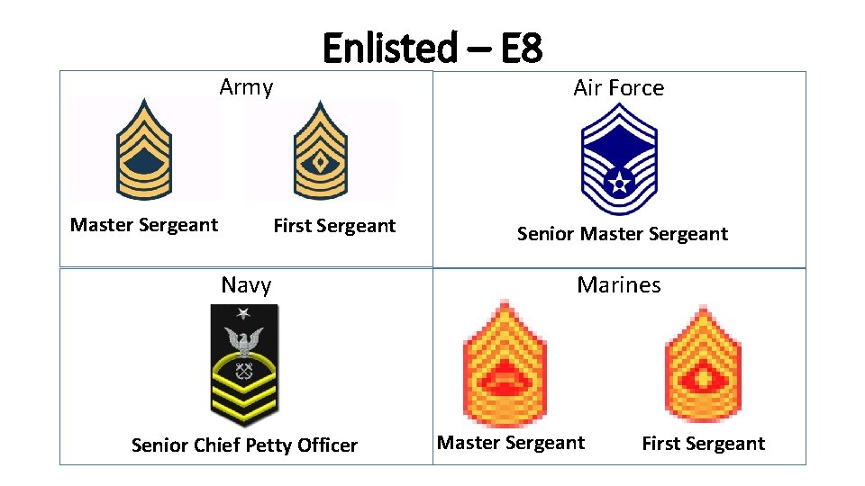 Army Master Sergeant Enlisted – E 8 First Sergeant Navy Senior Chief Petty Officer