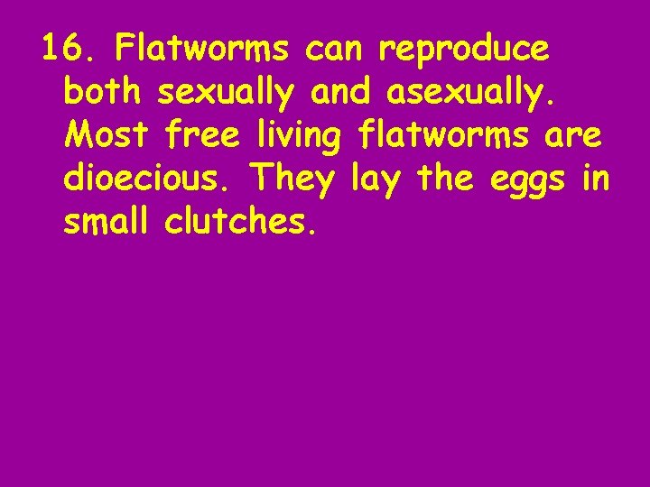 16. Flatworms can reproduce both sexually and asexually. Most free living flatworms are dioecious.