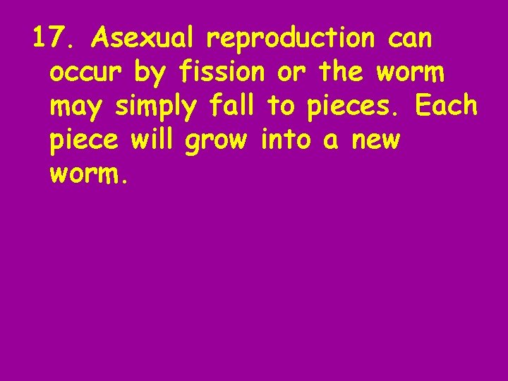 17. Asexual reproduction can occur by fission or the worm may simply fall to