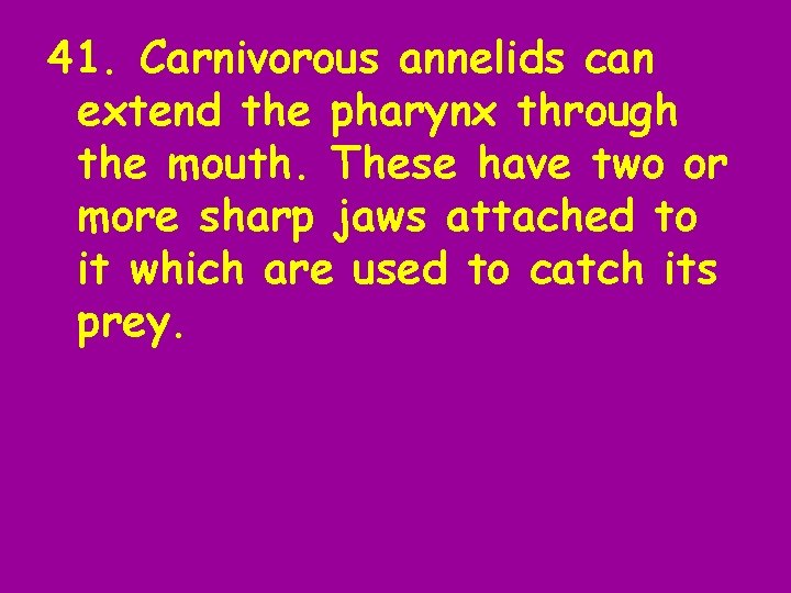 41. Carnivorous annelids can extend the pharynx through the mouth. These have two or