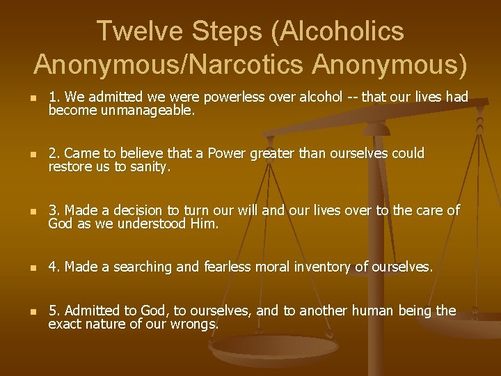 Twelve Steps (Alcoholics Anonymous/Narcotics Anonymous) n 1. We admitted we were powerless over alcohol