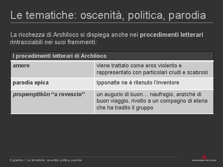 Le tematiche: oscenità, politica, parodia La ricchezza di Archiloco si dispiega anche nei procedimenti