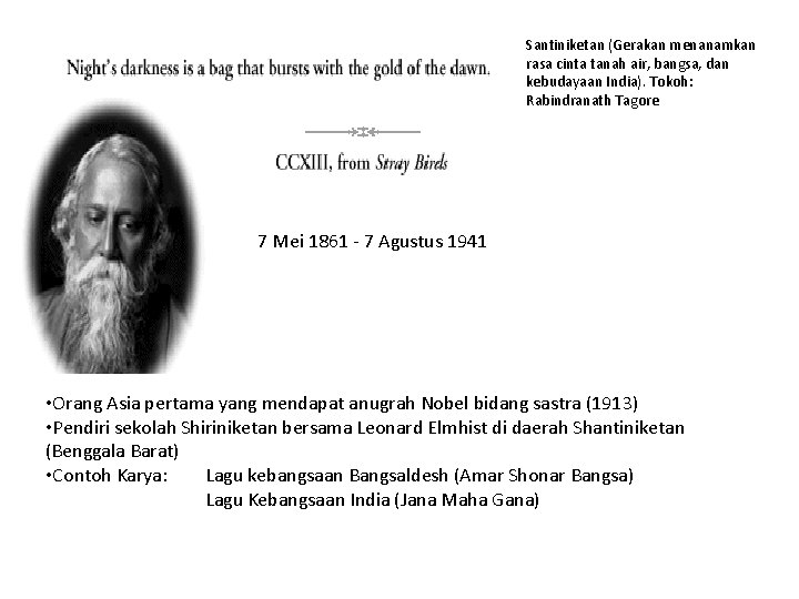 Santiniketan (Gerakan menanamkan rasa cinta tanah air, bangsa, dan kebudayaan India). Tokoh: Rabindranath Tagore