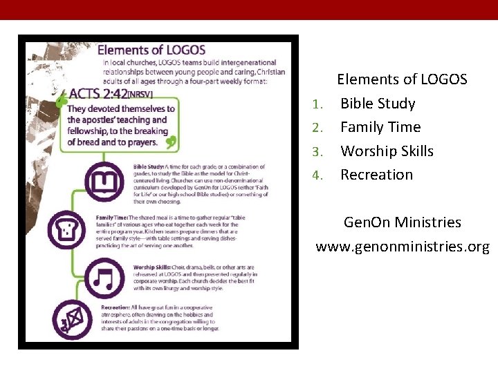 1. 2. 3. 4. Elements of LOGOS Bible Study Family Time Worship Skills Recreation
