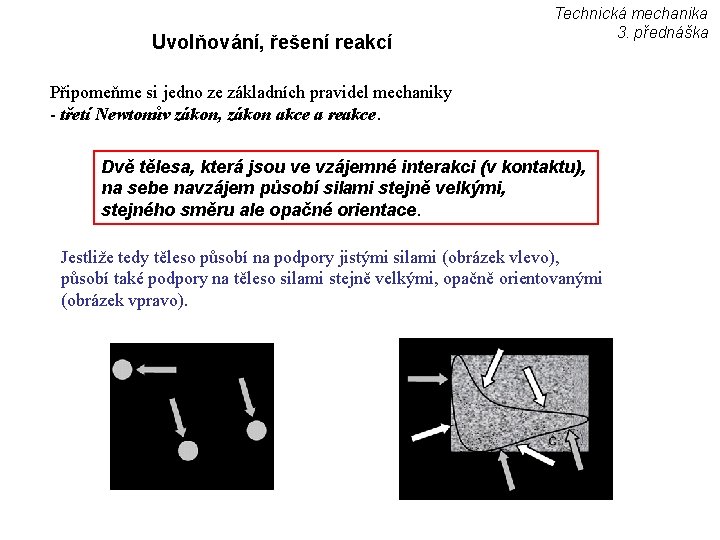 Uvolňování, řešení reakcí Technická mechanika 3. přednáška Připomeňme si jedno ze základních pravidel mechaniky