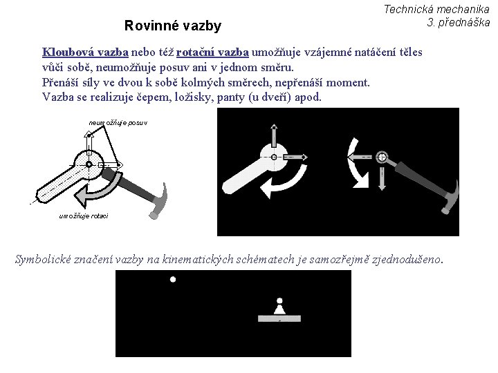 Rovinné vazby Technická mechanika 3. přednáška Kloubová vazba nebo též rotační vazba umožňuje vzájemné