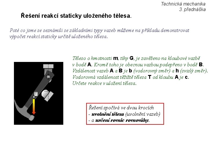 Technická mechanika 3. přednáška Řešení reakcí staticky uloženého tělesa. Poté co jsme se seznámili