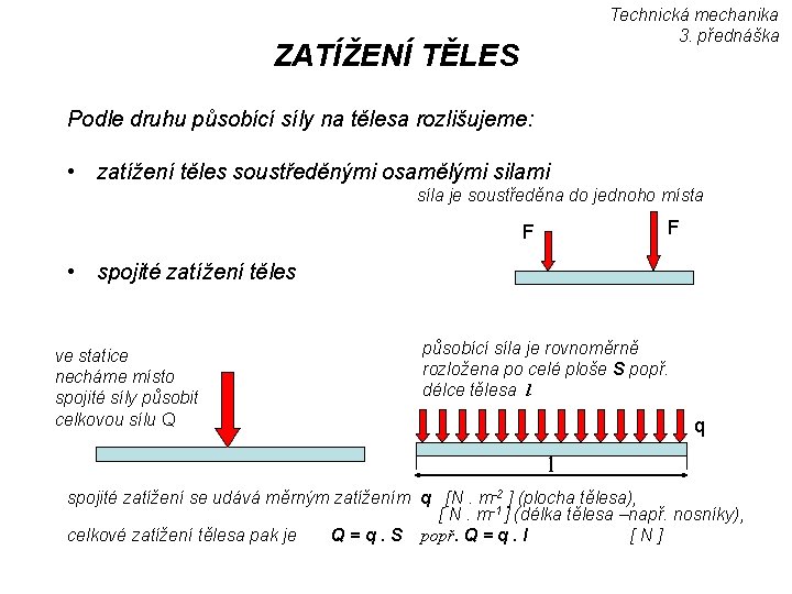 Technická mechanika 3. přednáška ZATÍŽENÍ TĚLES Podle druhu působící síly na tělesa rozlišujeme: •