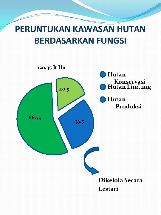PERUNTUKAN KAWASAN HUTAN BERDASARKAN FUNGSI 120, 35 Jt Ha Hutan Konservasi Hutan Lindung 20. PERUNTUKAN KAWASAN HUTAN BERDASARKAN FUNGSI 120, 35 Jt Ha Hutan Konservasi Hutan Lindung 20.