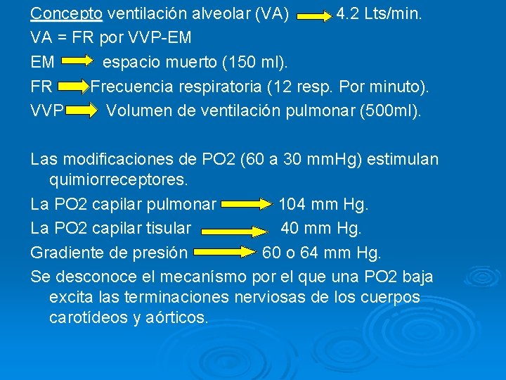 Concepto ventilación alveolar (VA) 4. 2 Lts/min. VA = FR por VVP-EM EM espacio