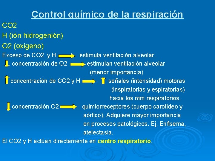 Control químico de la respiración CO 2 H (ión hidrogenión) O 2 (oxigeno) Exceso