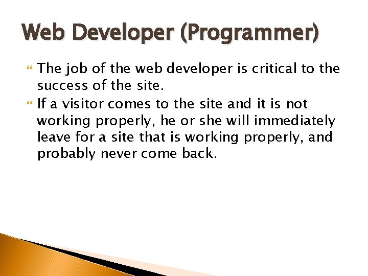 Web Developer (Programmer) The job of the web developer is critical to the success