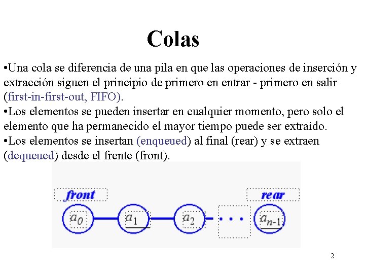 Colas • Una cola se diferencia de una pila en que las operaciones de