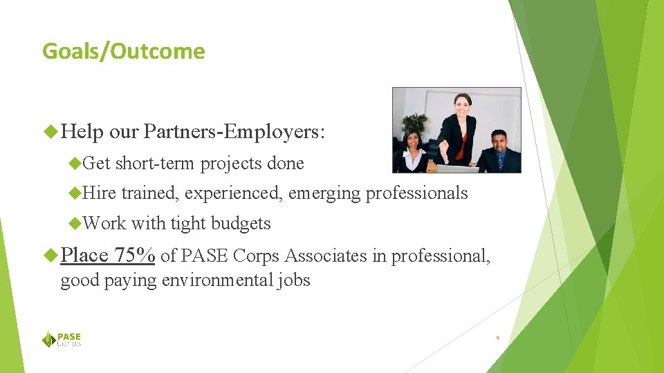 Goals/Outcome Help our Partners-Employers: Get short-term projects done Hire trained, experienced, emerging professionals Work