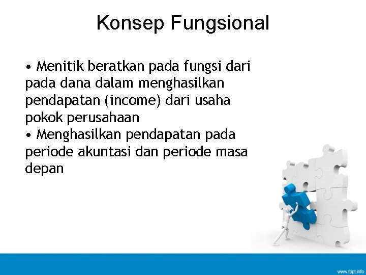 Konsep Fungsional • Menitik beratkan pada fungsi dari pada dana dalam menghasilkan pendapatan (income)