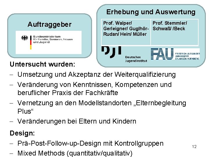 Erhebung und Auswertung Auftraggeber Prof. Walper/ Prof. Stemmler/ Gerleigner/ Guglhör- Schwaß/ /Beck Rudan/ Hein/
