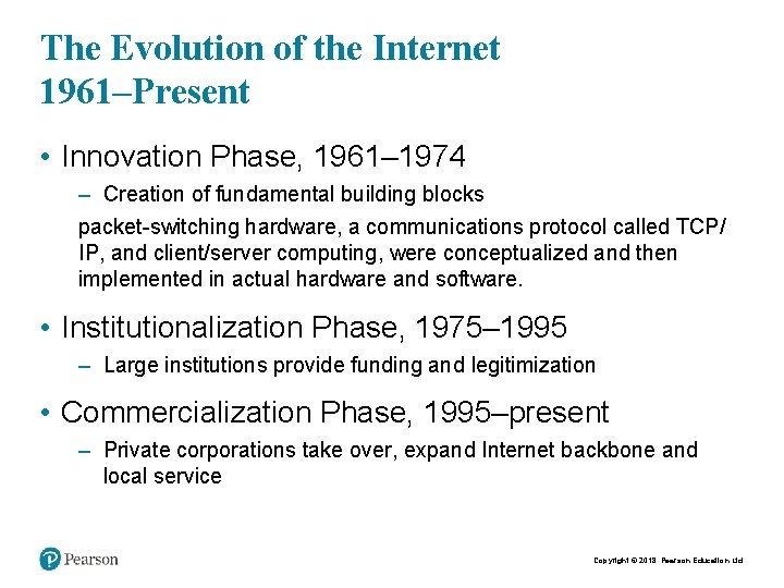 The Evolution of the Internet 1961–Present • Innovation Phase, 1961– 1974 – Creation of