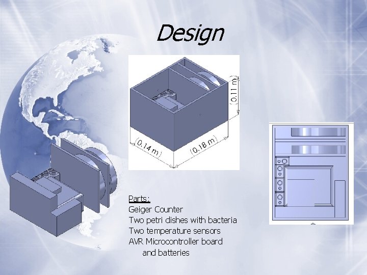 Design Parts: Geiger Counter Two petri dishes with bacteria Two temperature sensors AVR Microcontroller