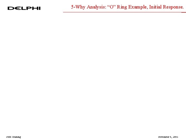 5 -Why Analysis: “O” Ring Example, Initial Response. 18 PRR Training November 6, 2001 5 -Why Analysis: “O” Ring Example, Initial Response. 18 PRR Training November 6, 2001