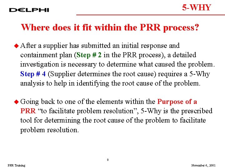 5 -WHY Where does it fit within the PRR process? u After a supplier 5 -WHY Where does it fit within the PRR process? u After a supplier