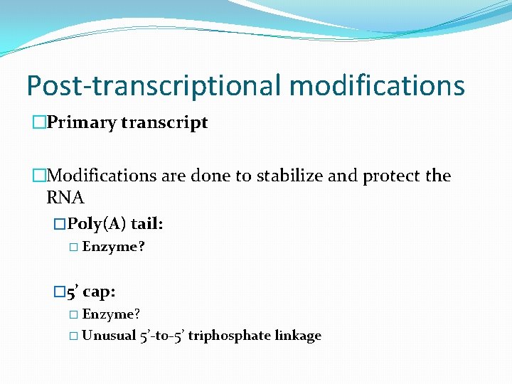 Post-transcriptional modifications �Primary transcript �Modifications are done to stabilize and protect the RNA �Poly(A)