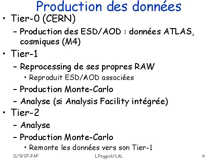 Production des données • Tier-0 (CERN) – Production des ESD/AOD : données ATLAS, cosmiques