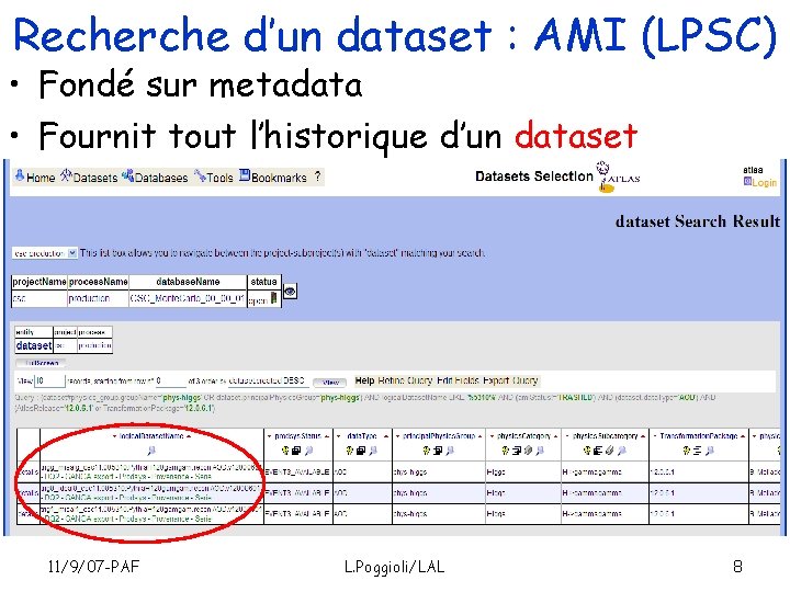 Recherche d’un dataset : AMI (LPSC) • Fondé sur metadata • Fournit tout l’historique