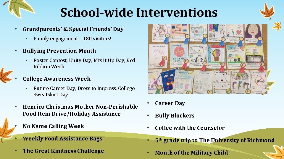 School-wide Interventions • Grandparents’ & Special Friends’ Day • Family engagement – 180 visitors!
