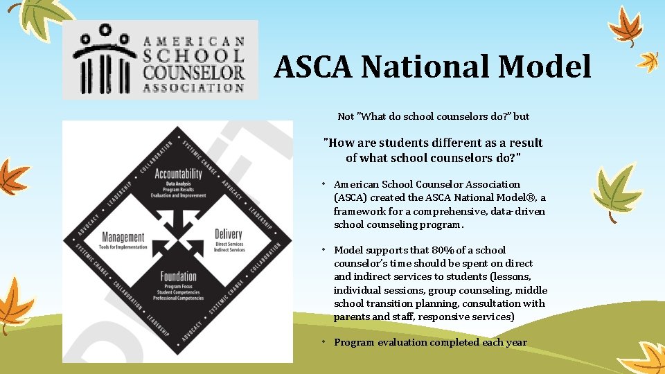 ASCA National Model Not "What do school counselors do? ” but "How are students