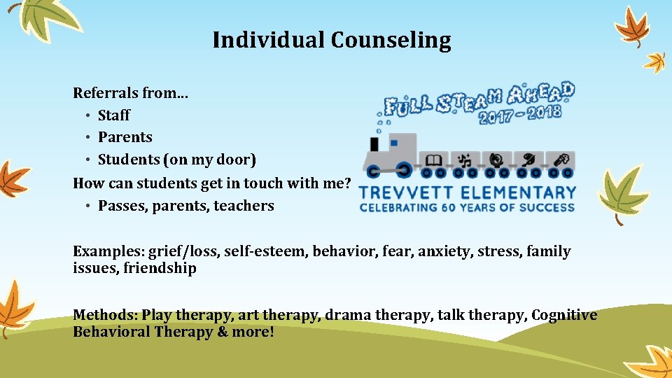 Individual Counseling Referrals from… • Staff • Parents • Students (on my door) How