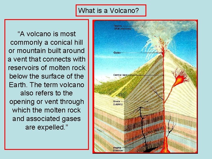 What is a Volcano? “A volcano is most commonly a conical hill or mountain