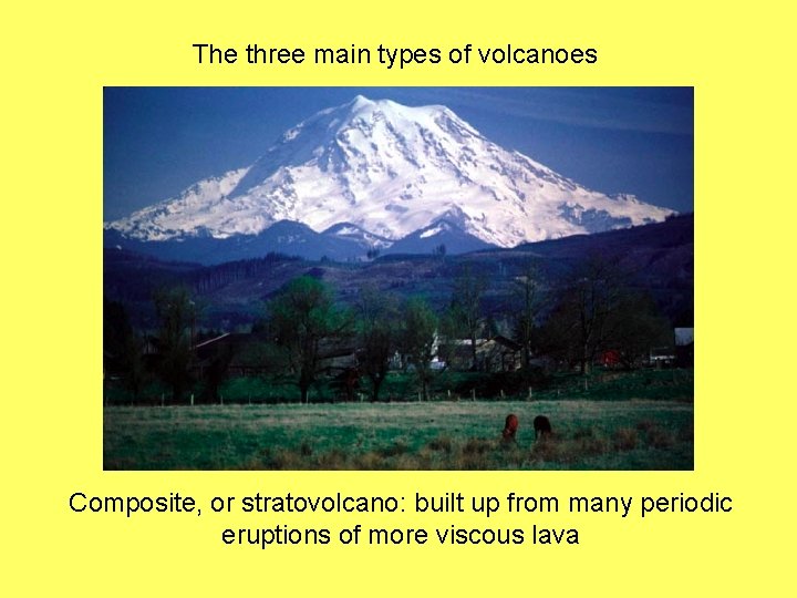 The three main types of volcanoes Composite, or stratovolcano: built up from many periodic