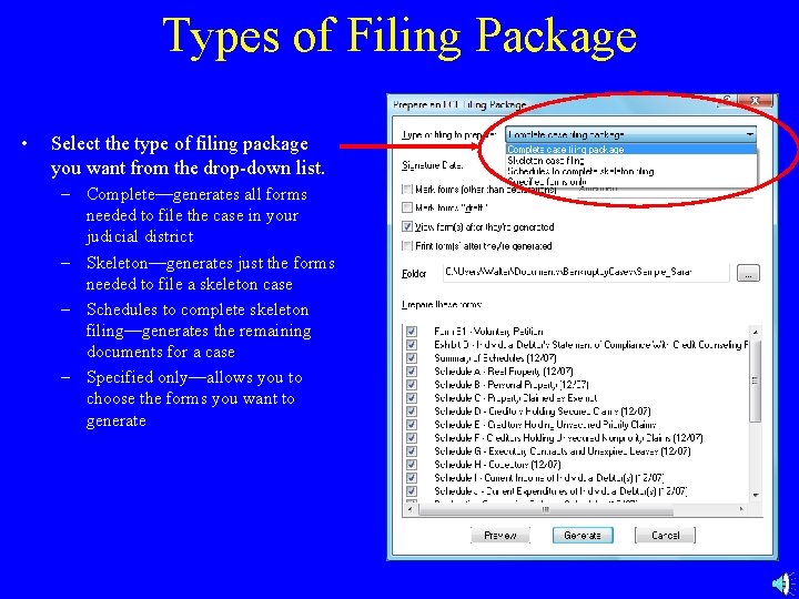 Types of Filing Package • Select the type of filing package you want from