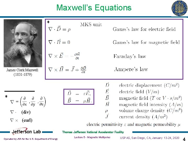Maxwell’s Equations * James Clerk Maxwell (1831 -1879) * (div) (curl) Thomas Jefferson National