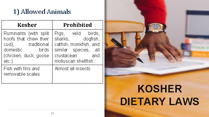 1) Allowed Animals Kosher Prohibited Ruminants (with split hoofs that chew their cud), traditional