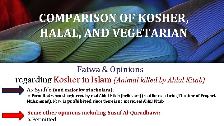 COMPARISON OF KOSHER, HALAL, AND VEGETARIAN Fatwa & Opinions regarding Kosher in Islam (Animal