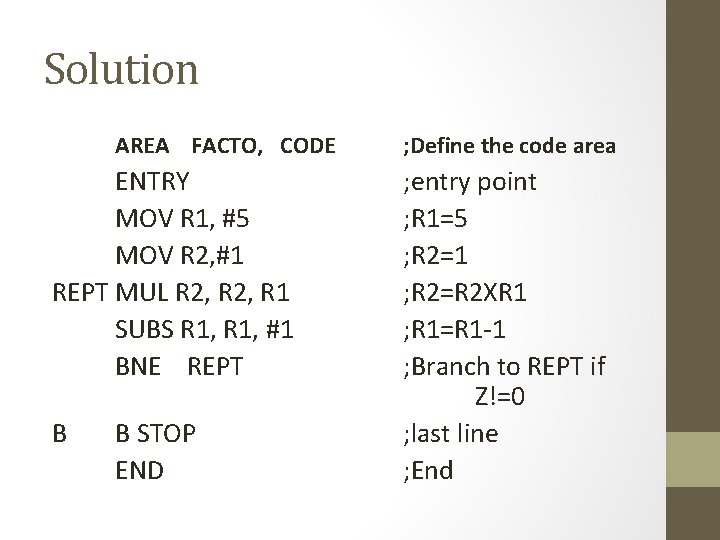 Solution AREA FACTO, CODE ENTRY MOV R 1, #5 MOV R 2, #1 REPT