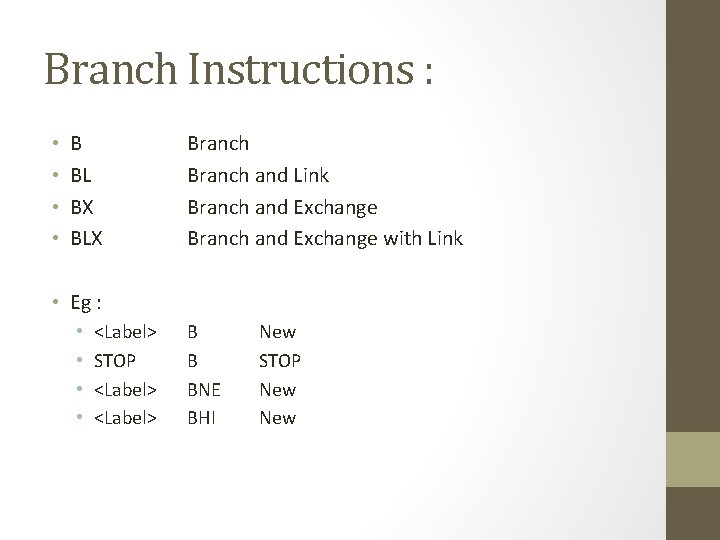 Branch Instructions : • • B BL BX BLX Branch and Link Branch and