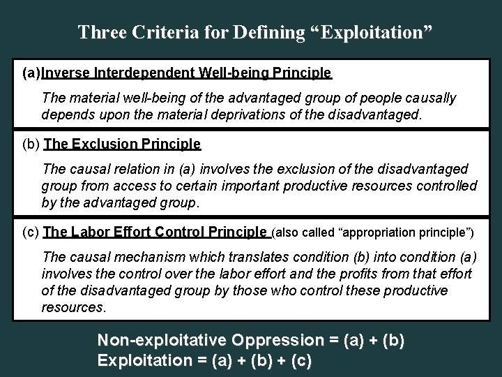 Three Criteria for Defining “Exploitation” (a) Inverse Interdependent Well-being Principle The material well-being of