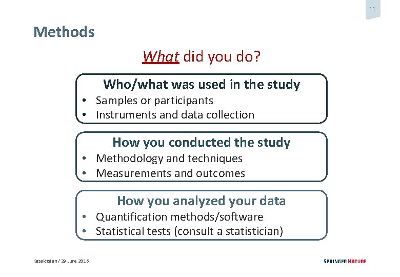 11 Methods What did you do? Who/what was used in the study • Samples