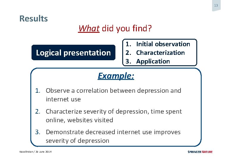 13 Results What did you find? Logical presentation 1. Initial observation 2. Characterization 3.